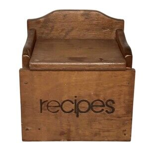 VTG Wood Recipe Box Hinged Lid "Recipes" In Black Letters Wall Mount Or Counter